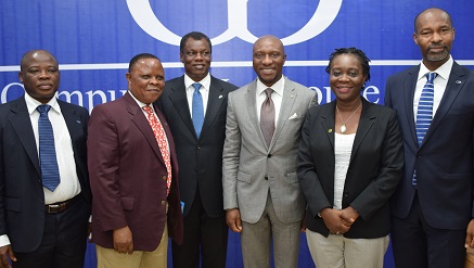 (L-R):  James Agada, Chief Technology Officer , CWG Plc; Sam Ndata,  Doyen of Brokers; Austin Okere, Founder and Chief Executive Officer, CWG Plc; Oscar Onyema, Chief Executive Officer, NSE; Mrs. Taba Peterside,  General Manager, Listings Sales and Retention, NSE, and Phillip Obioha, Chief Operating Officer, CWG Plc during an official visit to CWG Plc by NSE MD in Lagos recently.